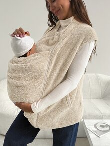 SHEIN 孕婦多功能舒適三合一拉鍊背心外套 - 卡其色 - 查看 6