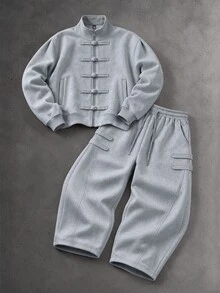 PAVTROS Men's Autumn/Winter Jacket & Sweatpants Set, Stand Collar Cardigan With Frog Button Design, Light Floral Grey Curved Leg Sweatpants, Y2K Theme Christmas & Halloween Gift - Grey - View 3