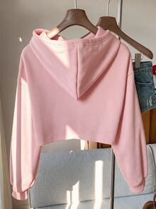 Comfortcana Letter Graphic Drop Shoulder Crop Drawstring Hoodie,Long Sleeve Tops In Fall/Winter - Pink - View 2