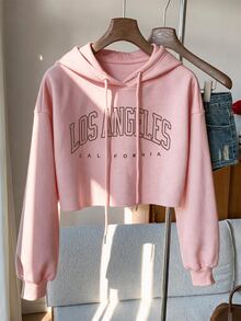 Comfortcana Letter Graphic Drop Shoulder Crop Drawstring Hoodie,Long Sleeve Tops In Fall/Winter - Pink - View 7