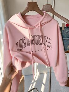 Comfortcana Letter Graphic Drop Shoulder Crop Drawstring Hoodie,Long Sleeve Tops In Fall/Winter - Pink - View 4