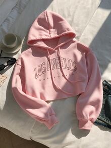 Comfortcana Letter Graphic Drop Shoulder Crop Drawstring Hoodie,Long Sleeve Tops In Fall/Winter - Pink - View 5