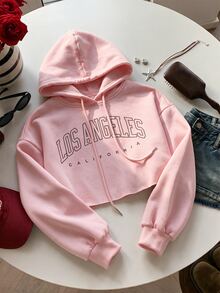 Comfortcana Letter Graphic Drop Shoulder Crop Drawstring Hoodie,Long Sleeve Tops In Fall/Winter - Pink - View 6