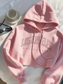 Comfortcana Letter Graphic Drop Shoulder Crop Drawstring Hoodie,Long Sleeve Tops In Fall/Winter - Pink - View 8