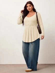 Enliva Plus-Size Women's Casual Everyday Stretch Long-Sleeved Slim-Fit Black Top, Simple Babydoll Style Fall - Khaki - View 7