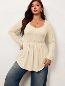 Enliva Plus-Size Women's Casual Everyday Stretch Long-Sleeved Slim-Fit Black Top, Simple Babydoll Style Fall - Khaki - View 3