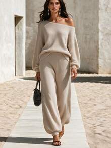 SHEIN Korean Style Soft Knit Two Pieces Outfit, Asymmetric Slant Off Shoulder Top + Wide Leg Knit Pants - Apricot - View 1