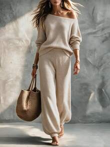 SHEIN Korean Style Soft Knit Two Pieces Outfit, Asymmetric Slant Off Shoulder Top + Wide Leg Knit Pants - Apricot - View 3