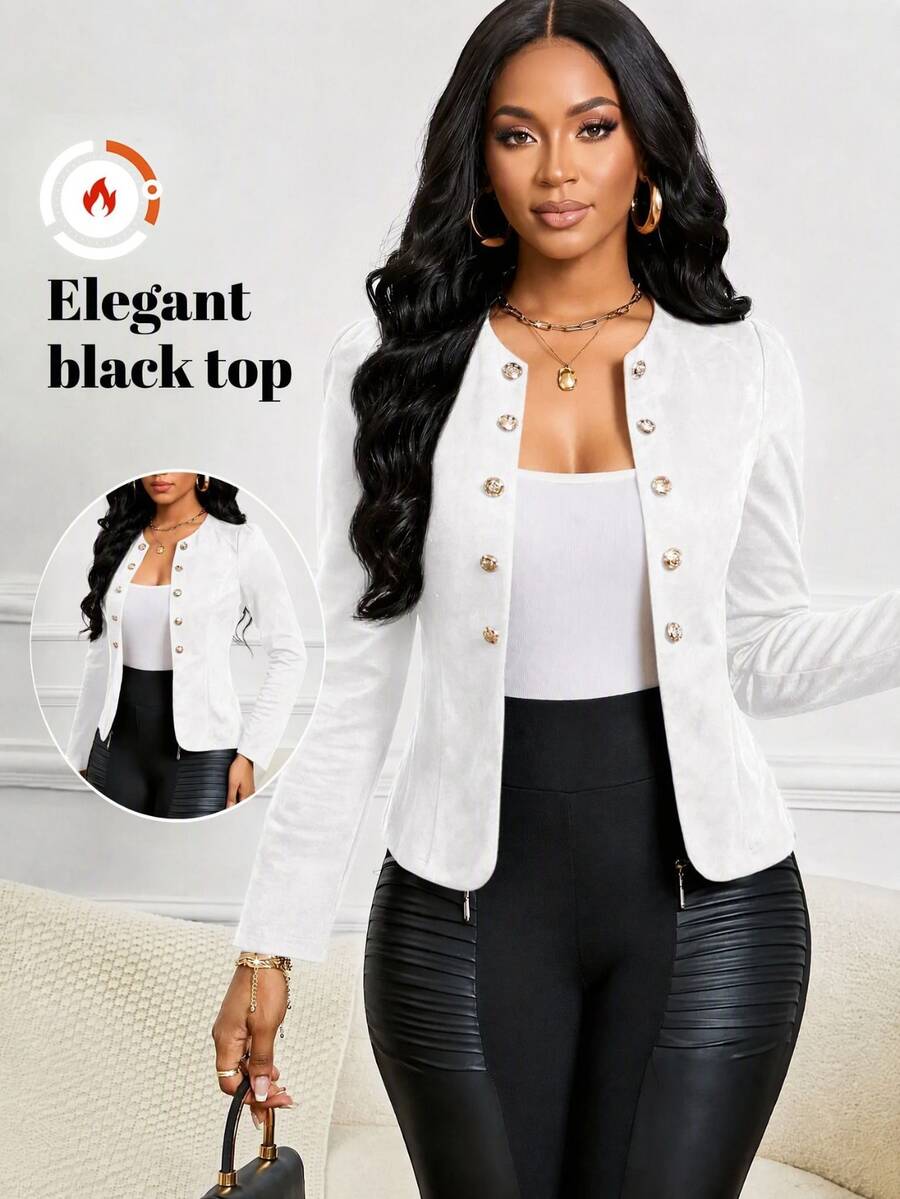 SHEIN Lady Four Season/ Attire/ Suede Button Detail Open Front Jacket In Fall/Winter - White - View 1