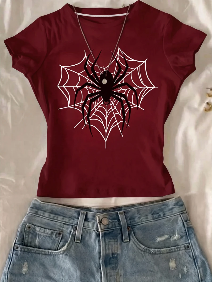 Teen Girls Casual Minimalist Fitted Crew Neck Short Sleeve High Waist Cropped Regular T-Shirt Suitable For Summer - Multicolor - View 1