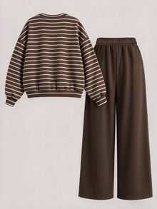 Tween Girls Vintage Maillard Kids Color Palette Print Crew Neck & Straight Leg Autumn Pants 2pcs Set - White - View 2