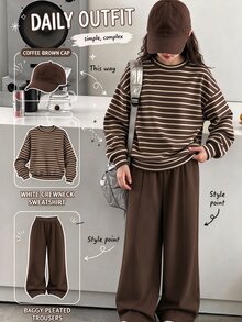 Tween Girls Vintage Maillard Kids Color Palette Print Crew Neck & Straight Leg Autumn Pants 2pcs Set - White - View 1