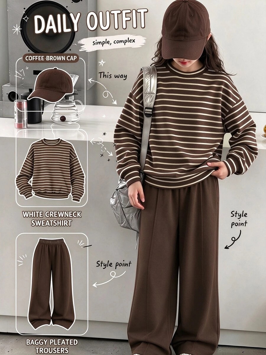 Tween Girls Vintage Maillard Kids Color Palette Print Crew Neck & Straight Leg Autumn Pants 2pcs Set - White - View 1