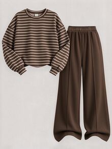 Tween Girls Vintage Maillard Kids Color Palette Print Crew Neck & Straight Leg Autumn Pants 2pcs Set - White - View 5