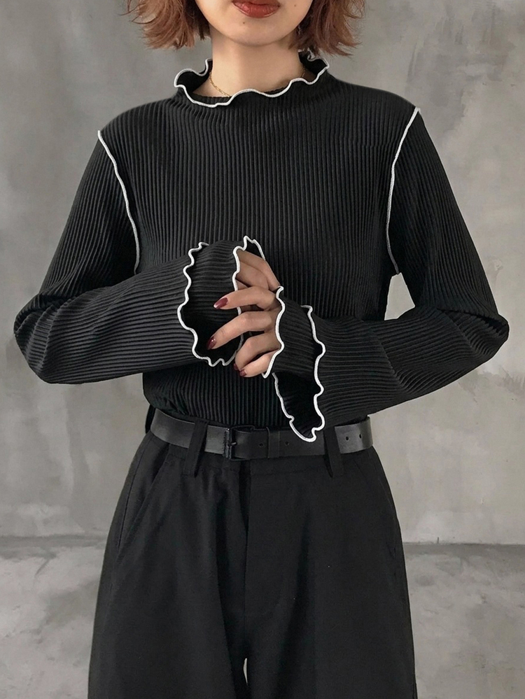 FRIFUL Women's Contrast Color Mock Neck Long Sleeve Ribbed Texture Fabric Sleeve 2 In 1 Design Contrast Color Binding Stitching Loose Casual Versatile T-Shirt Autumn/Winter Women's Winter Wear - Black - View 4