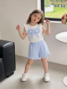 SHEIN Young Girl (Small) Knitted Jacquard Ivory Ruffle Trim Camisole Top & Pink Ruffle Trim Shorts Set, Cute & Adorable Baby Summer Outfit - Baby Blue - View 2