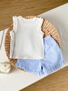 SHEIN Young Girl (Small) Knitted Jacquard Ivory Ruffle Trim Camisole Top & Pink Ruffle Trim Shorts Set, Cute & Adorable Baby Summer Outfit - Baby Blue - View 3
