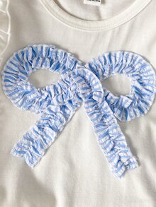 SHEIN Young Girl (Small) Knitted Jacquard Ivory Ruffle Trim Camisole Top & Pink Ruffle Trim Shorts Set, Cute & Adorable Baby Summer Outfit - Baby Blue - View 6
