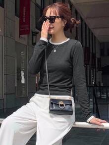DAZY Women's Colorblock 2 In 1 Layered Crew Neck Long Sleeve Casual Streetwear Vacation Spring Autumn Base Layer T-Shirt - Grey - View 6