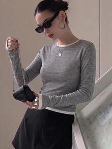 DAZY Women's Patchwork Colorblock 2 In 1 Crew Neck Long Sleeve Casual Street Vacation Spring Autumn Base Layer T-Shirt - Grey - View 6