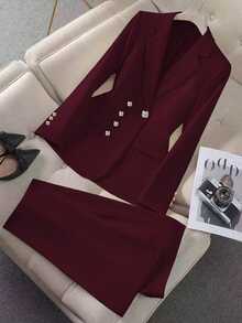 Rafferiza Minimalist French Style Solid Color Asymmetric Buckle Fitted Business Suit For Women - Burgundy - View 3