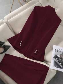 Rafferiza Minimalist French Style Solid Color Asymmetric Buckle Fitted Business Suit For Women - Burgundy - View 2
