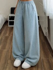 SHEIN Teen Girls Retro Wide-Leg Jeans In Tencel™ Lyocell, Blending A Casual Vibe With Street Style.Suitable For Spring, Summer,Autumn,Fall,And Winter - Light Wash - View 2