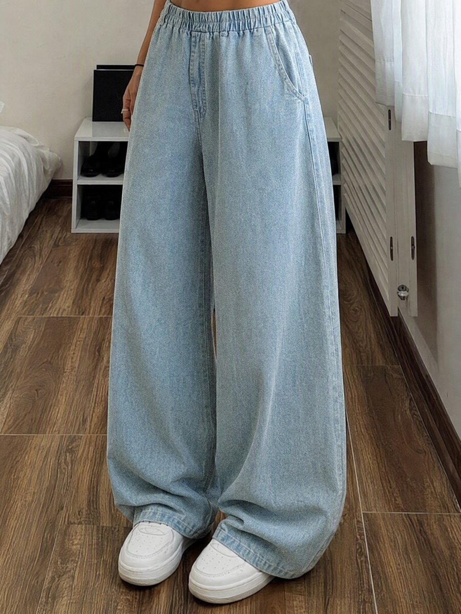 SHEIN Teen Girls Retro Wide-Leg Jeans In Tencel™ Lyocell, Blending A Casual Vibe With Street Style.Suitable For Spring, Summer,Autumn,Fall,And Winter