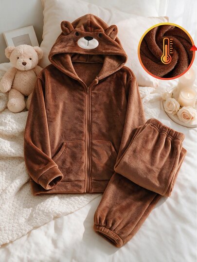 Boys' Casual Cute Holiday Vacation Knitted Soft Embroidered Bear Pattern Brown Hooded Long Sleeve Zipper Pocket Top Pants Fall Christmas Pajamas