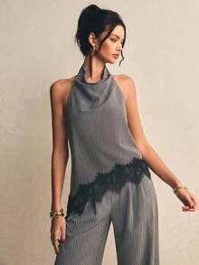 Poéselle 女款通勤蕾絲拼接條紋掛脖上衣與長褲兩件套，休閒套裝，優雅兩件套，外出套裝，辦公服裝，秋冬 - 灰色 - 查看 10