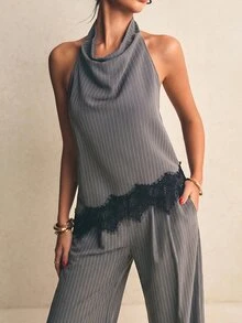 Poéselle 女款通勤蕾絲拼接條紋掛脖上衣與長褲兩件套，休閒套裝，優雅兩件套，外出套裝，辦公服裝，秋冬 - 灰色 - 查看 6