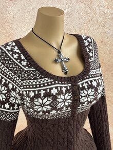 Elamini Women's Coffee Brown Fashion Casual Versatile Vintage Cable Classic Cable Knit Half-Open Button-Front Pullover Sweater, Autumn/Winter - Coffee Brown - View 5