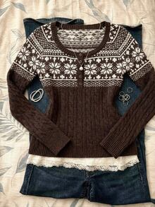 Elamini Women's Coffee Brown Fashion Casual Versatile Vintage Cable Classic Cable Knit Half-Open Button-Front Pullover Sweater, Autumn/Winter - Coffee Brown - View 1