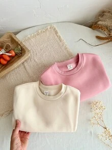 SHEIN كنزة صوفية للبنات الصغيرات 2 قطعة/مجموعة بلون موحد وياقة طاقم للخريف والشتاء - متعدد الألوان - مشاهدة 3
