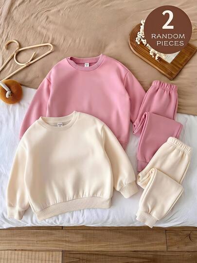 SHEIN Baby Girl 2pcs/Set Knit Solid Color Crew Neck Pullover Autumn Winter Sweatshirt