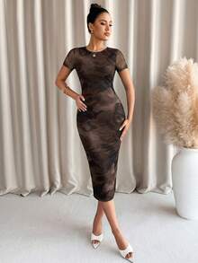 Lavishia Brown Floral Print Short Sleeve Dress For Women Night Party Summer Sexy - Brown - View 4