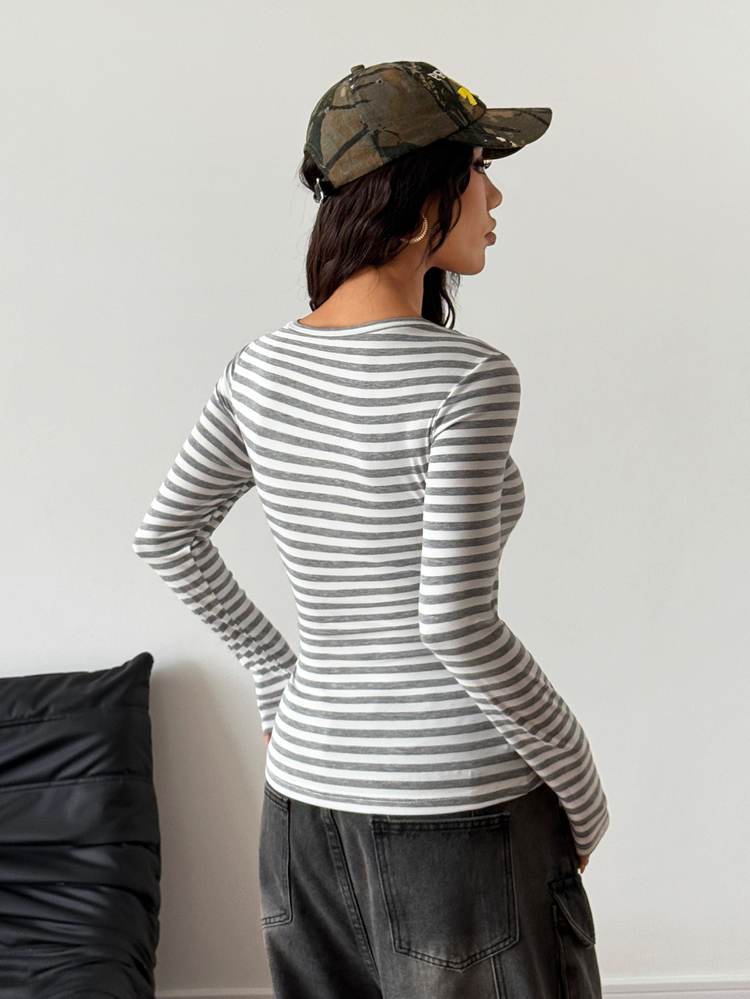 StreetHx Women's Autumn Lace Trim Mock Layered Long Sleeve Striped T-Shirt - Light Grey - View 2
