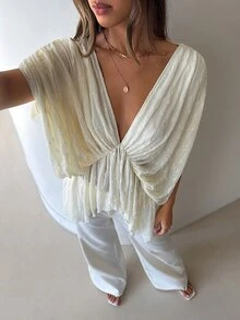 Aloruh 百搭百褶蕾絲性感上衣 女款秋季穿搭 生日穿搭 節日穿搭 優雅外出上衣 - 杏色 - 查看 4