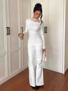 Siren Gaze Women's Solid Color Contrast Mesh Lace Waist-Cinching Slimming Fashion Versatile Long Sleeve T-Shirt - White - View 5