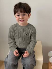 Dazy Kids Toddler Boys' Crew Neck Cable Knit Twist Cartoon Embroidery Solid Color Sweater - Khaki - View 1