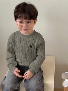 Dazy Kids Toddler Boys' Crew Neck Cable Knit Twist Cartoon Embroidery Solid Color Sweater - Khaki - View 2