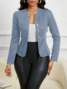 SHEIN Lady Four Season/ Attire/ Suede Button Detail Open Front Jacket In Fall/Winter - Dusty Blue - View 6