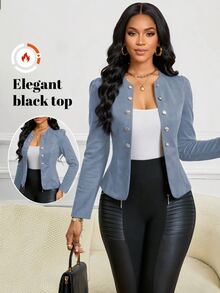 SHEIN Lady Four Season/ Attire/ Suede Button Detail Open Front Jacket In Fall/Winter - Dusty Blue - View 1