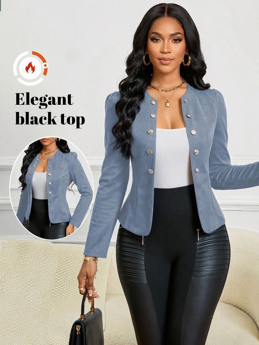 SHEIN Lady Four Season/ Attire/ Suede Button Detail Open Front Jacket In Fall/Winter - Dusty Blue - View 1