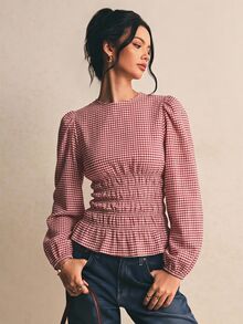 Poéselle Áo nữ kẻ caro đỏ ôm eo, gấu bèo nhún, tay dài thanh lịch, phù hợp cho các dịp mùa thu như tiệc trà - Đỏ và trắng - Xem 8