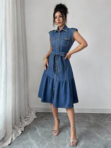 Elenzga Fall Sweet Flattering Belted Denim Blue Date Night Party Versatile Denim Dress For Women - Blue - View 1