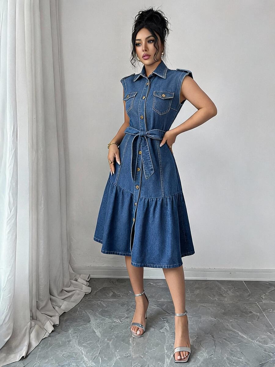 Elenzga Fall Sweet Flattering Belted Denim Blue Date Night Party Versatile Denim Dress For Women - Blue - View 1