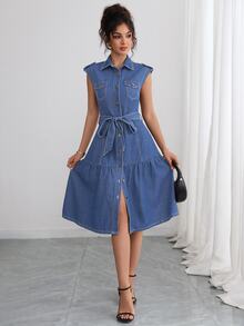 Elenzga Fall Sweet Flattering Belted Denim Blue Date Night Party Versatile Denim Dress For Women - Blue - View 5