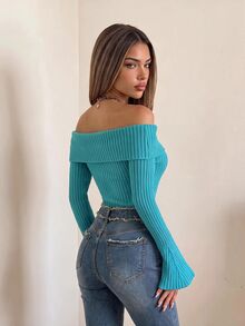 SHEIN ICON Women's Casual Ribbed Knit Cold Shoulder Long Sleeve Slim Fit Sweater - Teal Blue - View 2