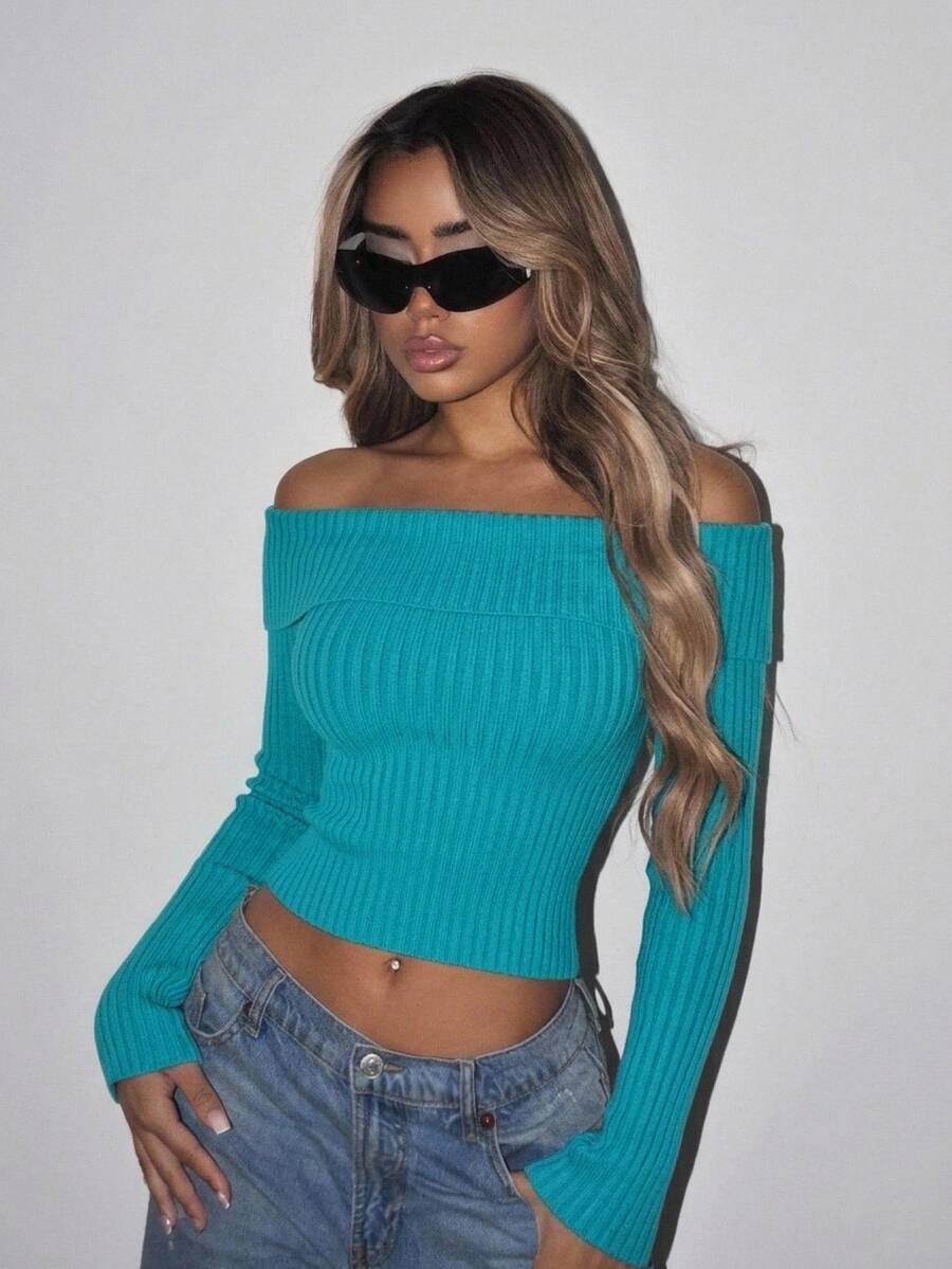 SHEIN ICON Women's Casual Ribbed Knit Cold Shoulder Long Sleeve Slim Fit Sweater - Teal Blue - View 1